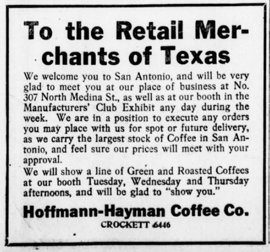 Hoffmann-Hayman welcome: North Medina address, Manufacturers’ Club exhibit, green and roasted line